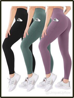 High Waisted Leggings with Pockets 3 Pack Compression Yoga Pants Soft Active